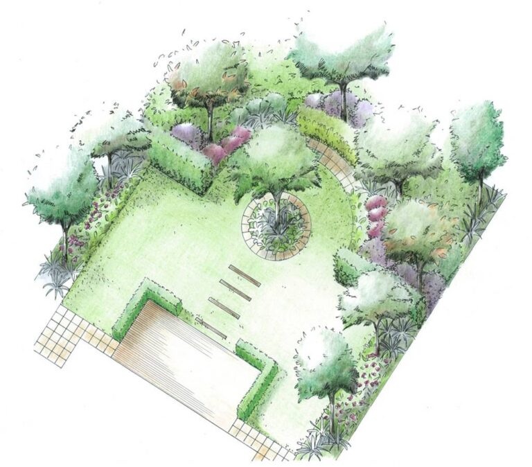 3D view of a symmetrical formal garden plan